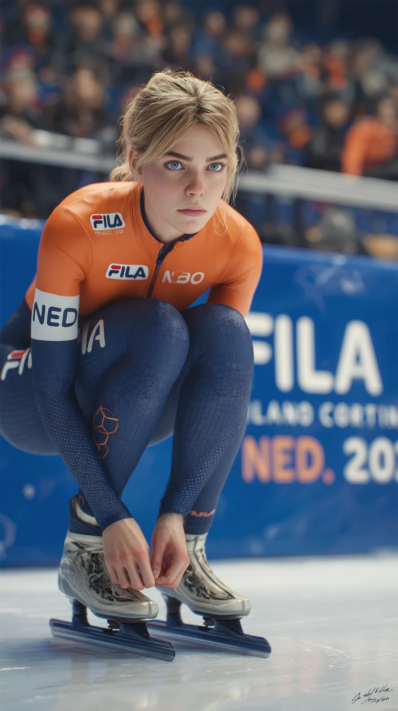 Dutch speed skater lacing clap skates in indoor arena