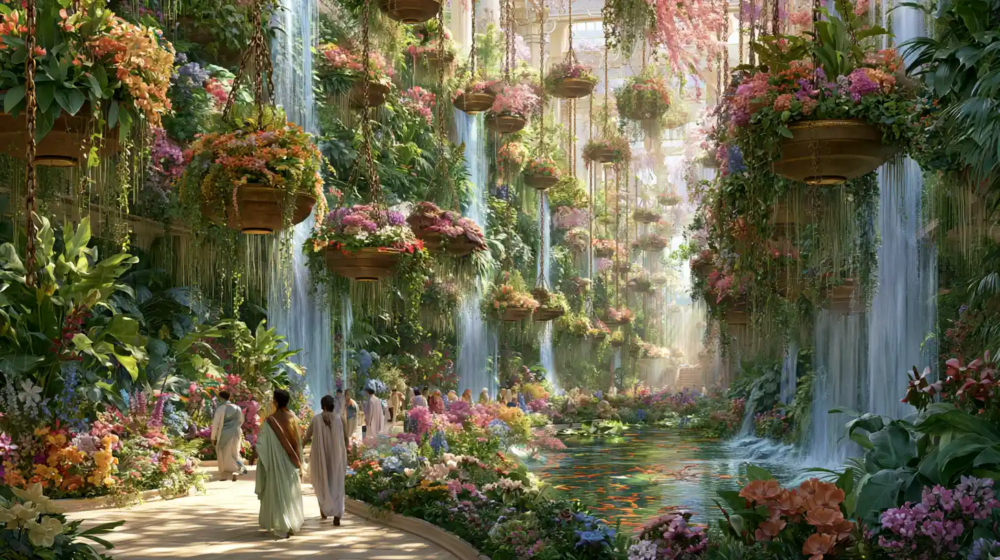 Lush Hanging Gardens Of Babylon With Cascading Waterfalls
