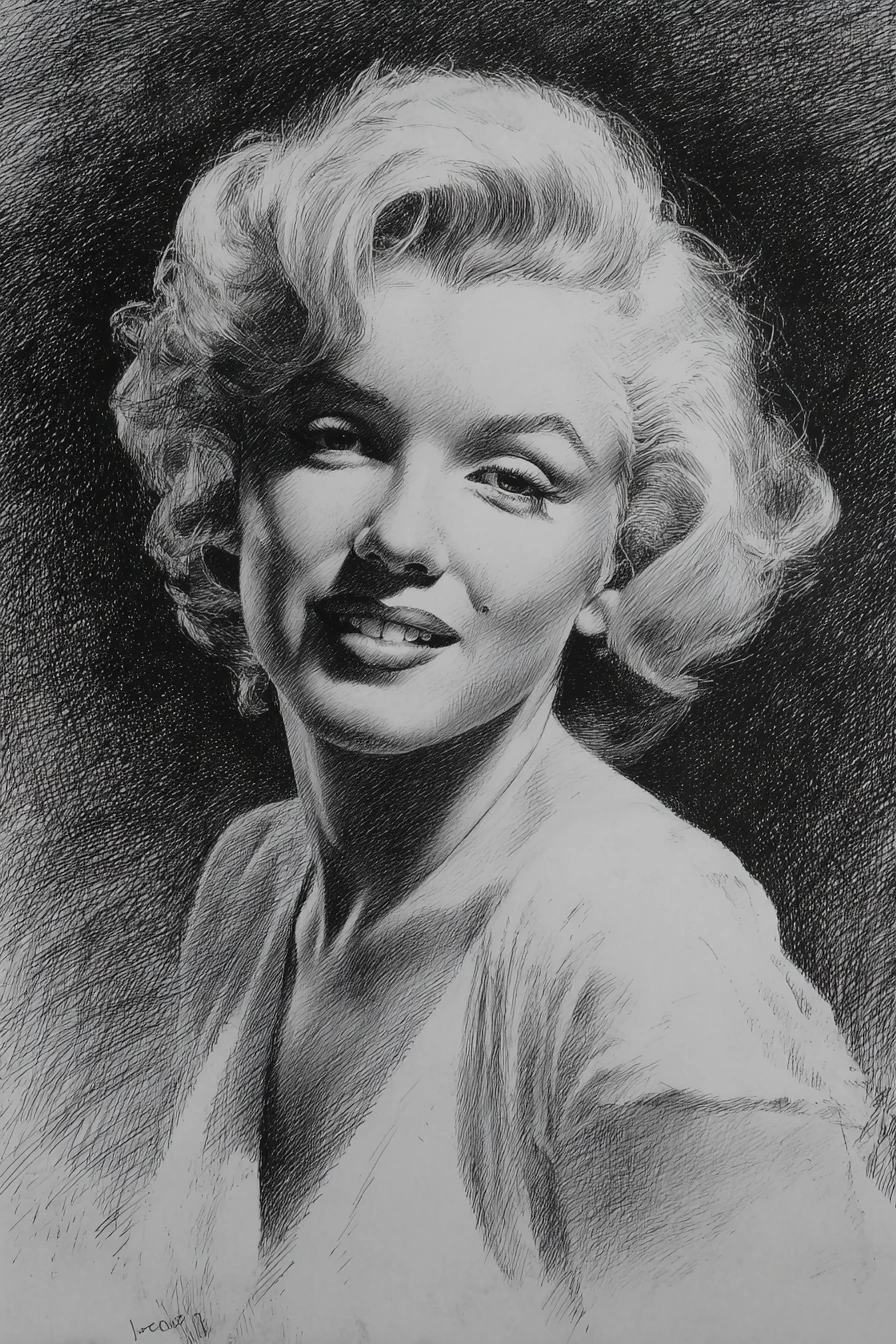 Graphite portrait of a smiling woman with curled hair