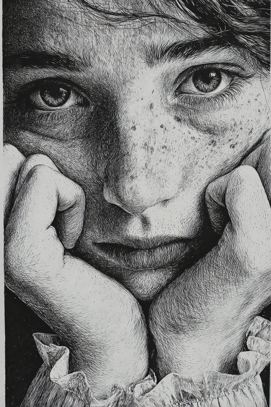 Ink close up portrait of a pensive young woman