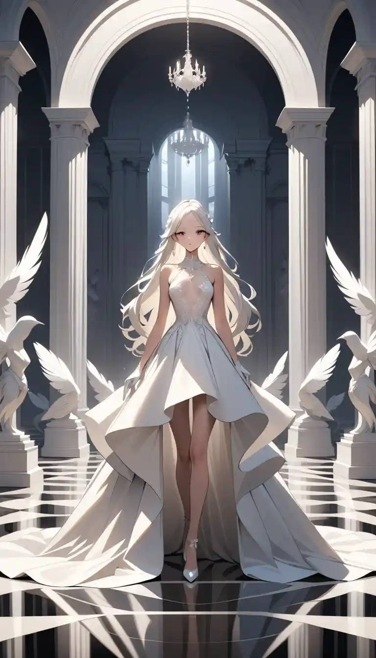Elegant woman in white gown walking through marble museum