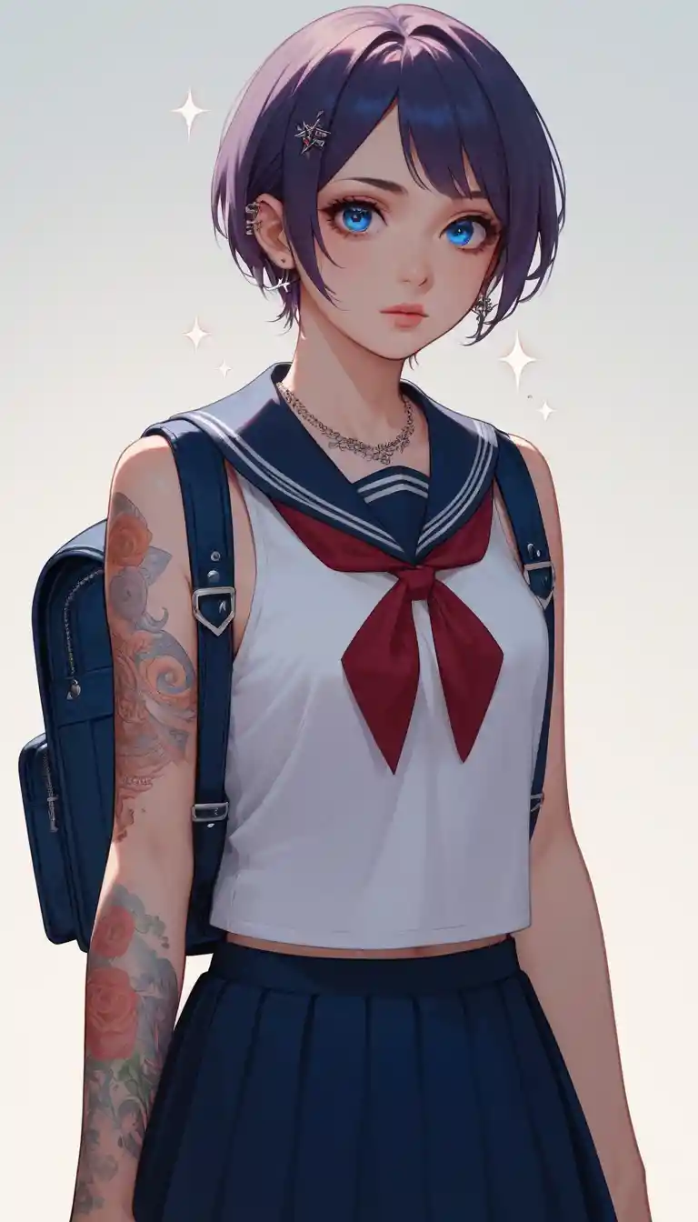カラフルな制服を着た青い瞳のアニメ女子高生