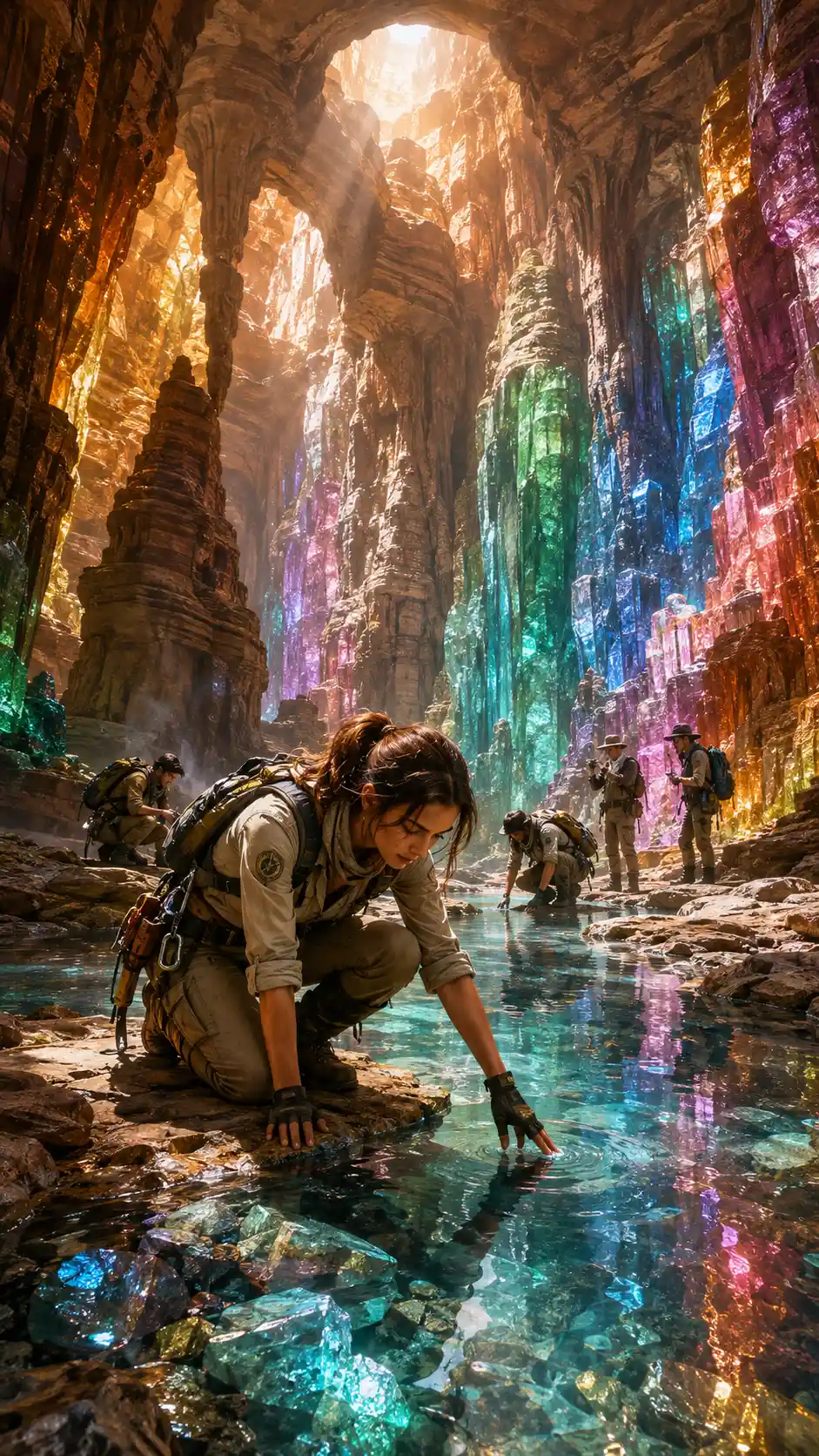 Explorer Kneels By Turquoise River In Glowing Crystal Canyon