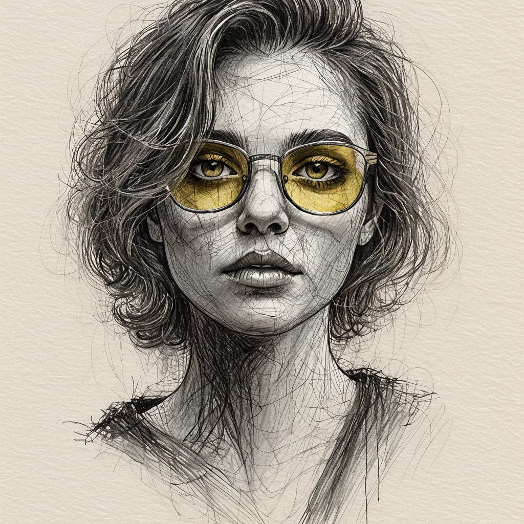 Androgynous scribble pen portrait with yellow tinted glasses