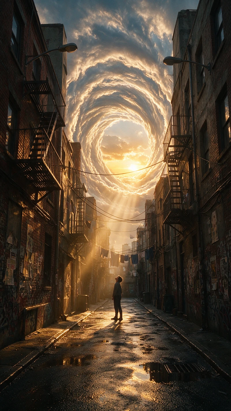 Persona en callejón de ciudad bajo un portal en espiral brillante en el cielo