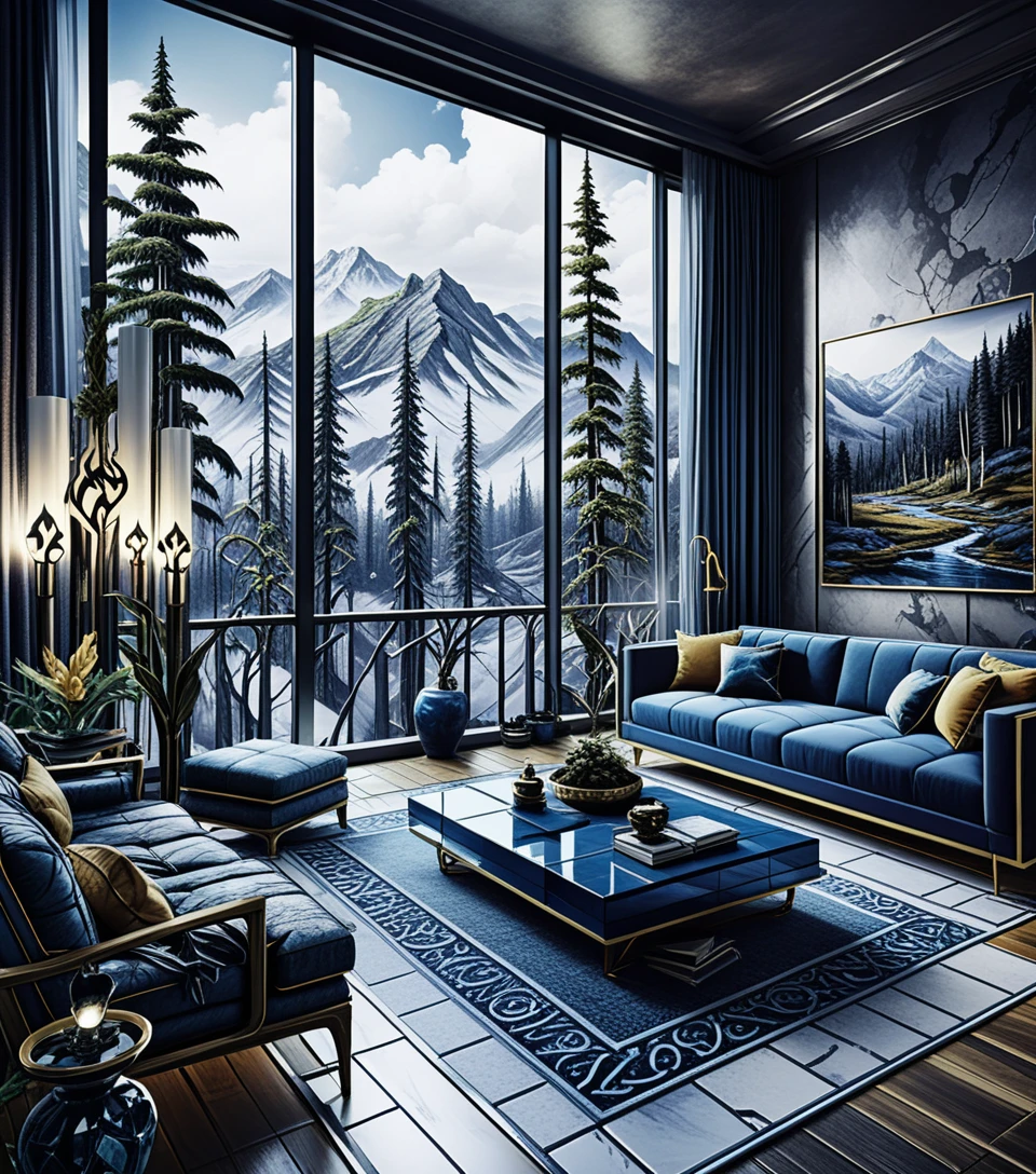 Line art study of a forest fire painting gallery interior