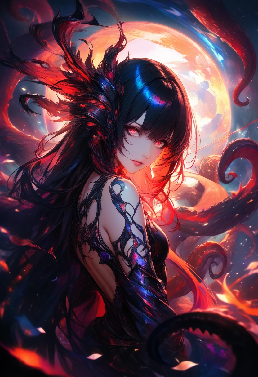 Chica anime extendiendo la mano con una intensa mirada eldritch
