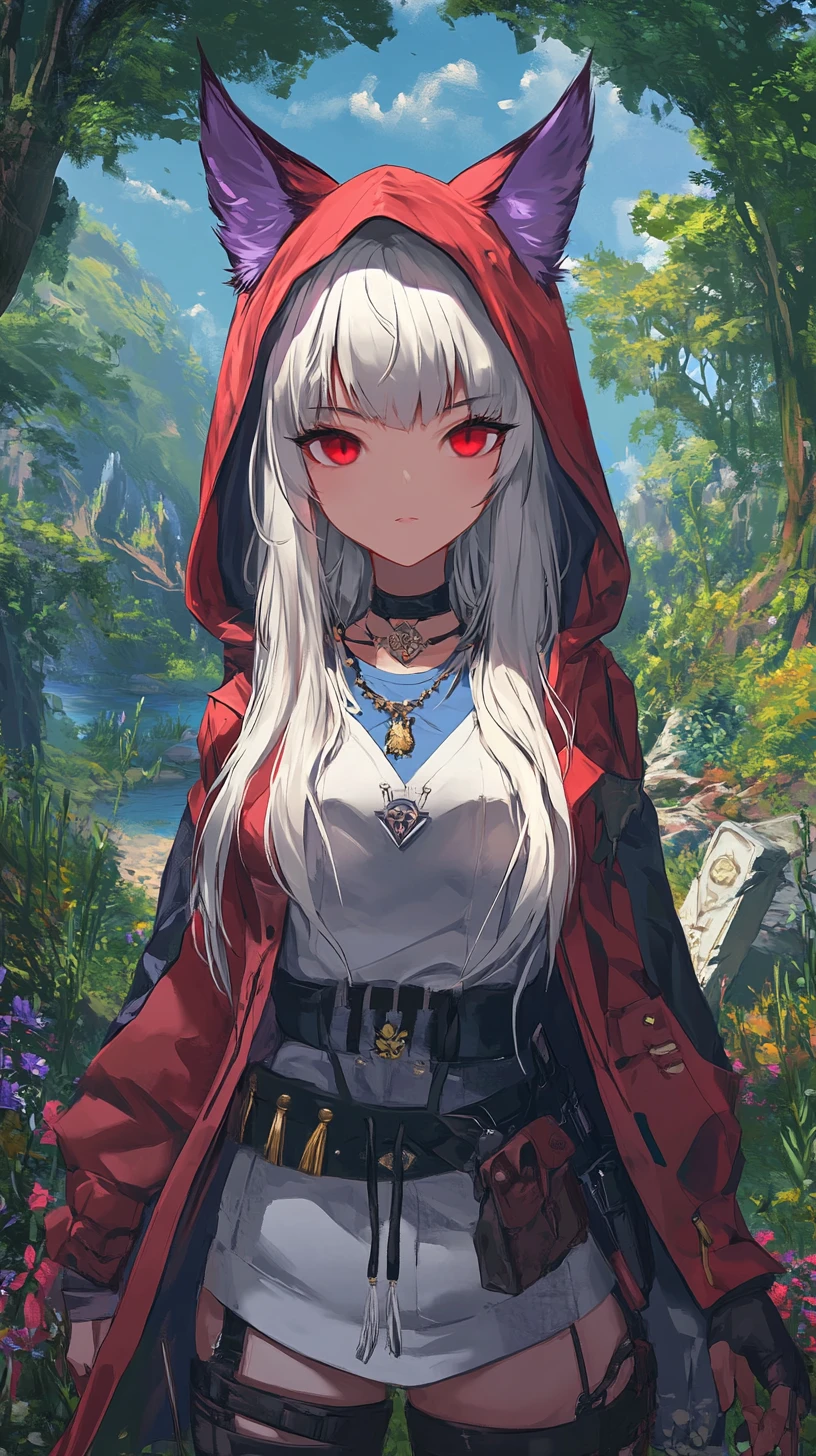 Anime girl on a tropical island with ruins at night