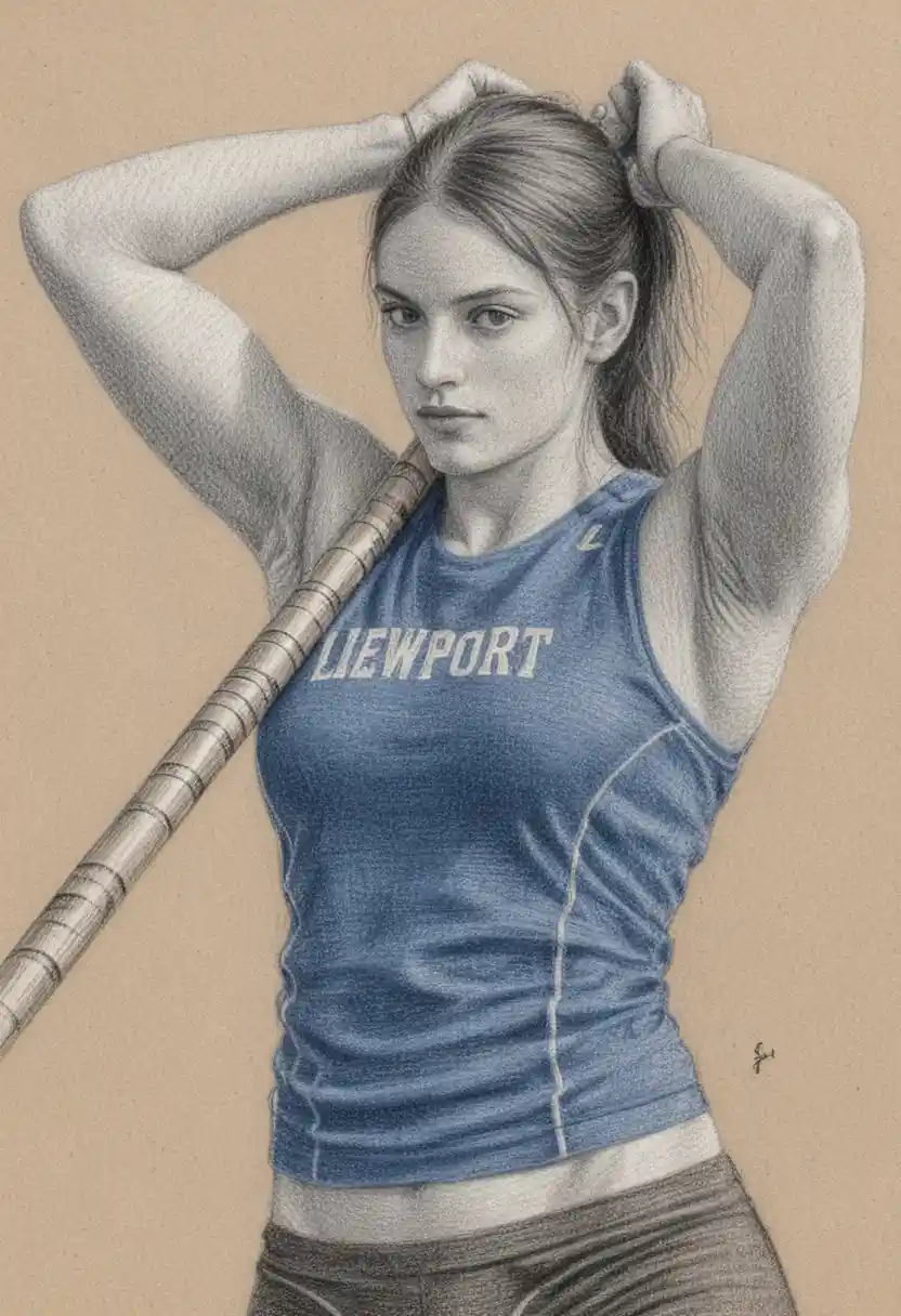 Athletic woman adjusting ponytail with pole on textured blue background