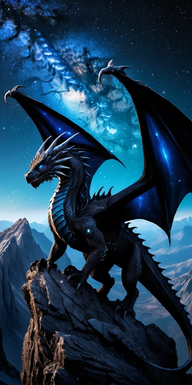 Dragón cósmico en un acantilado de montaña bajo un cielo estrellado