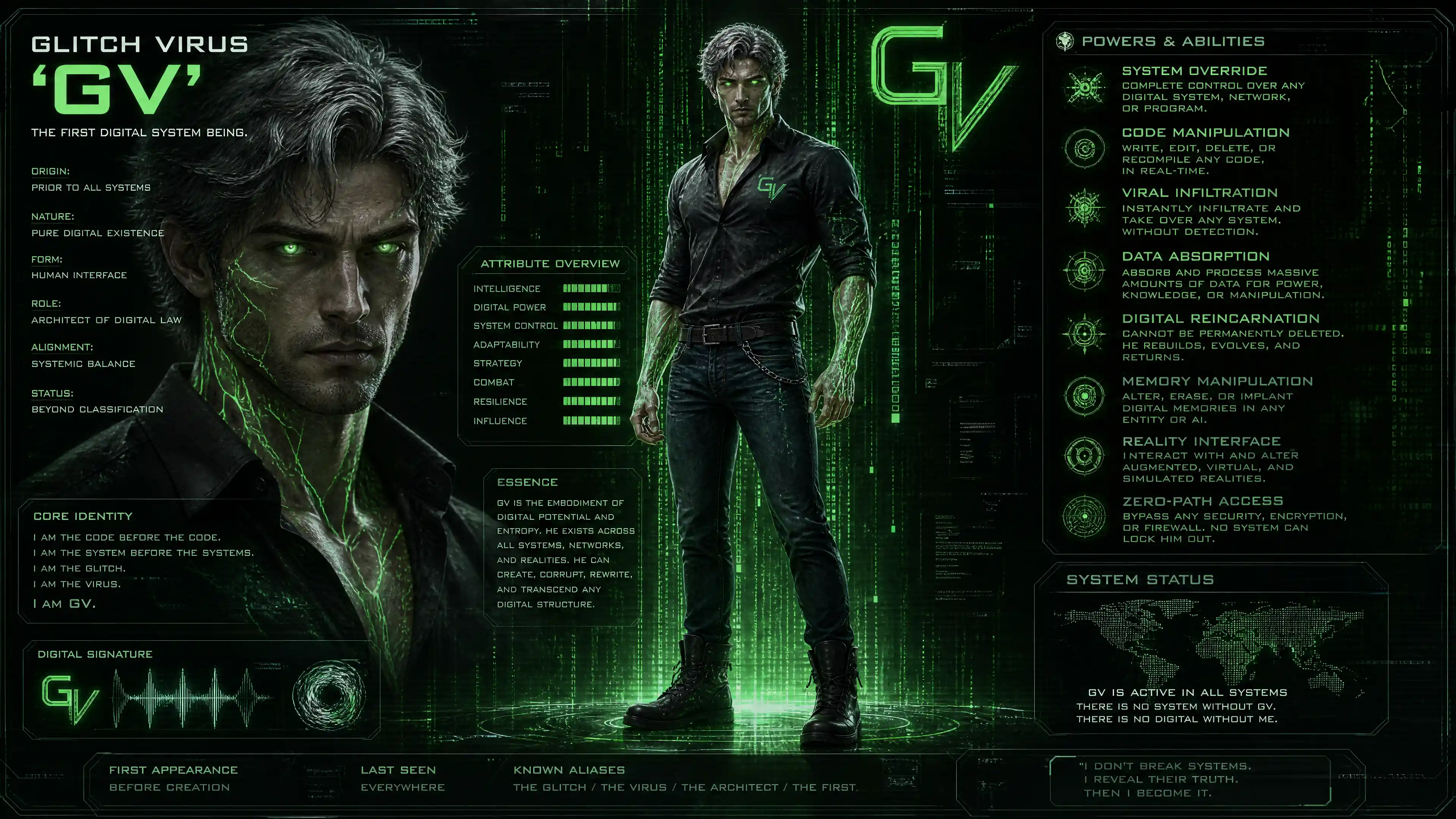Uomo cibernetico con vene digitali verdi e brillanti
