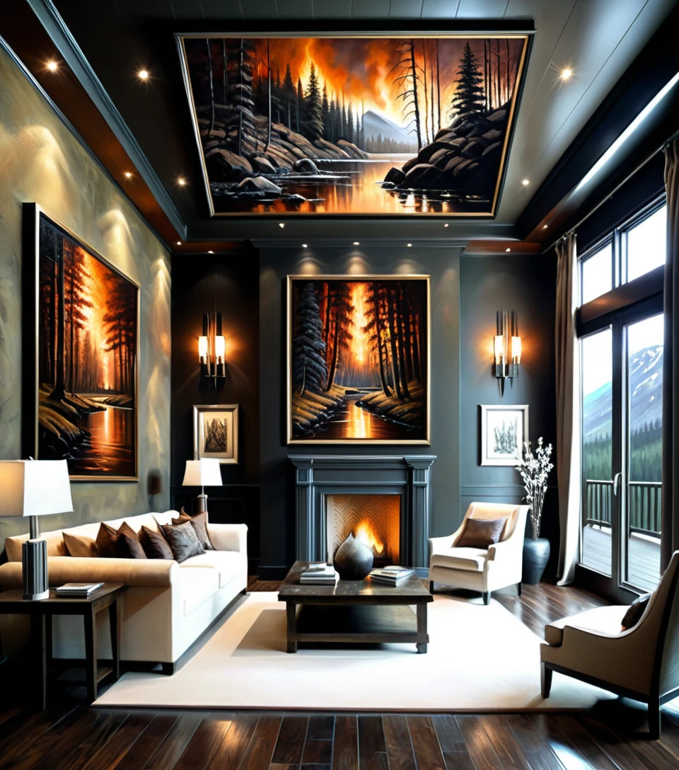 Dark fantasy gallery room filled with framed oil paintings