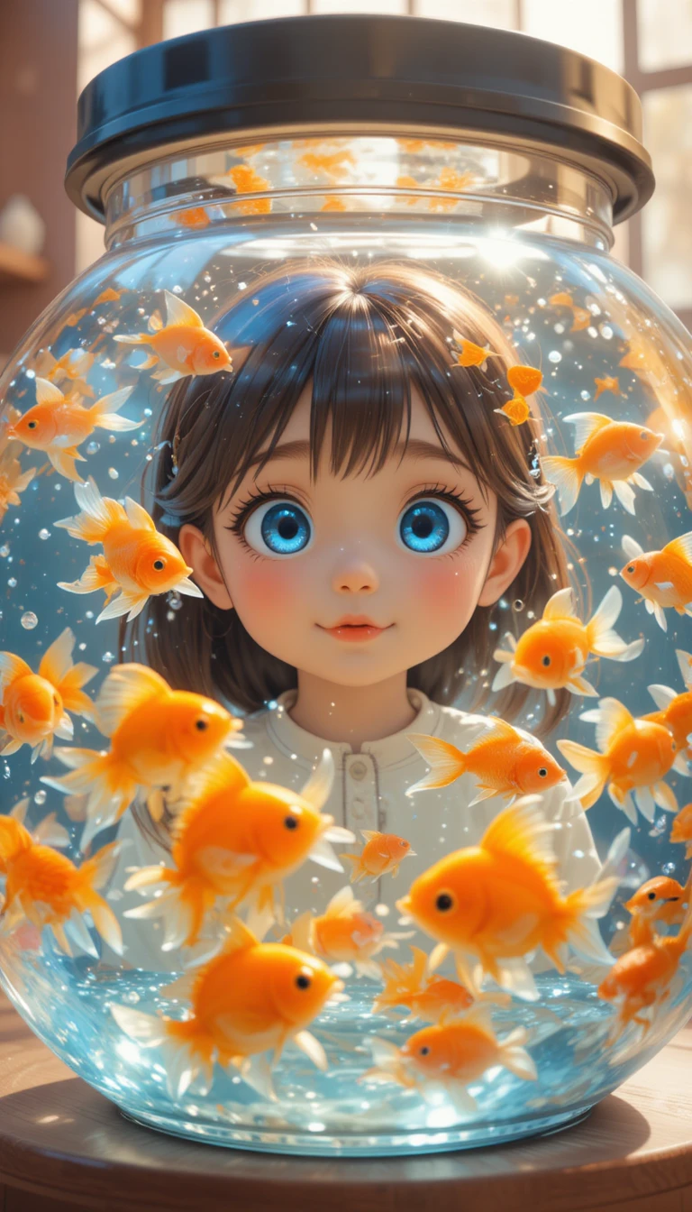 Tierna chica de anime mirando peces dorados brillantes en un acuario