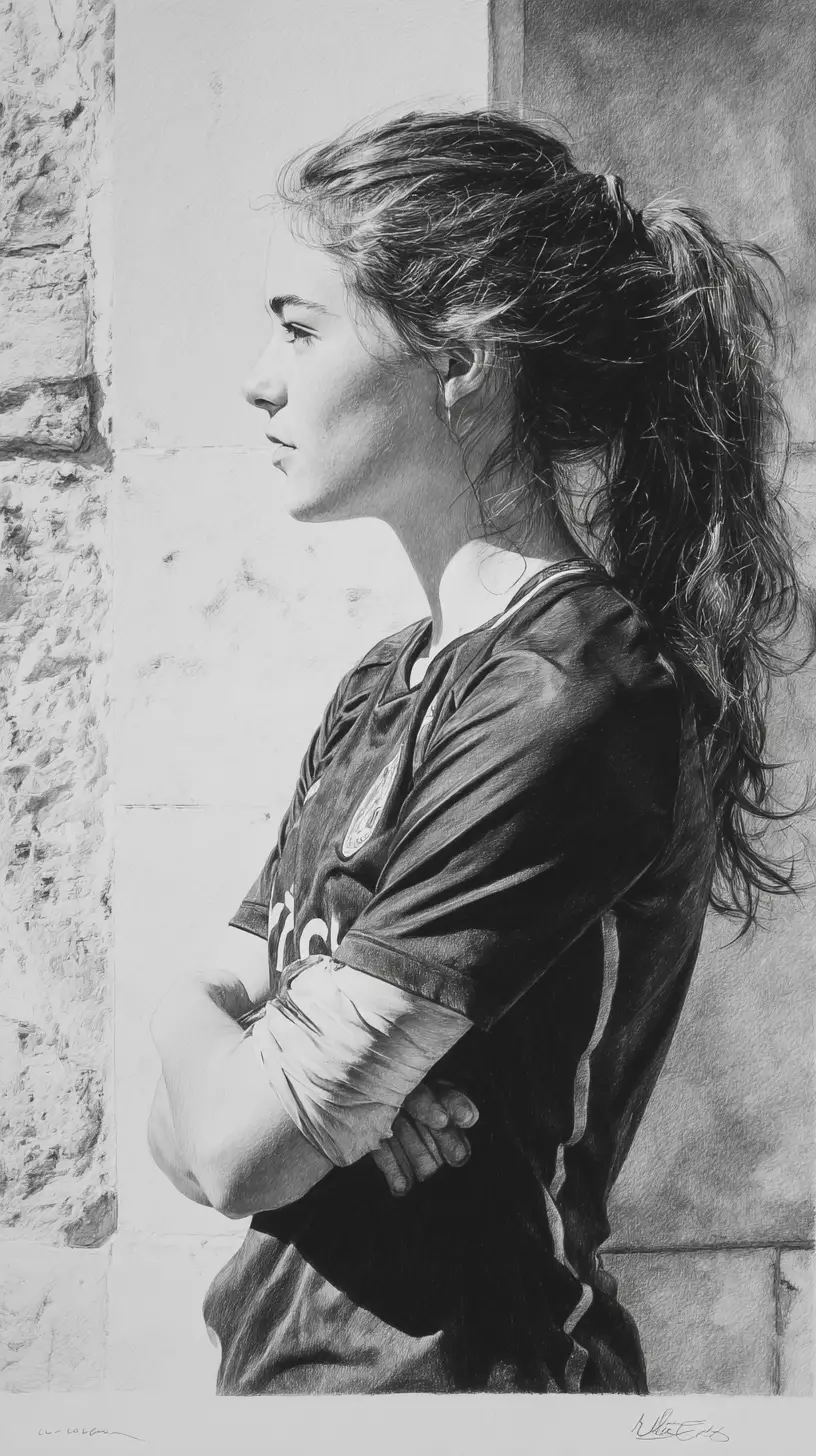Graphite drawing of a focused female footballer in profile