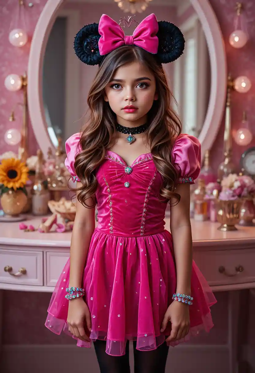 Niño preadolescente con disfraz de princesa frente a tocador rosa