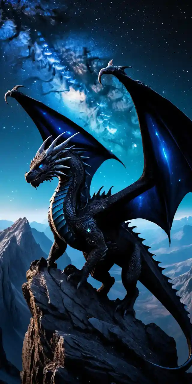 Dragón cósmico en un acantilado de montaña bajo un cielo estrellado