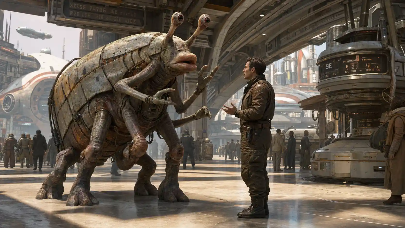 Criatura alienígena conversando con humano en estación espacial futurista