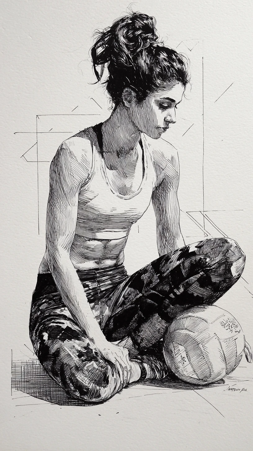 Athletic girl crouching with volleyball in ink drawing profile