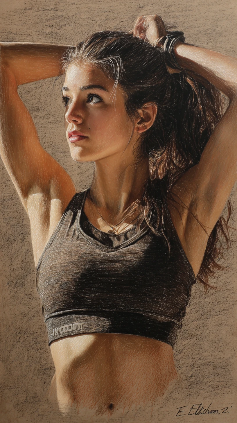 Athletic woman adjusting ponytail with pole on shoulder drawing