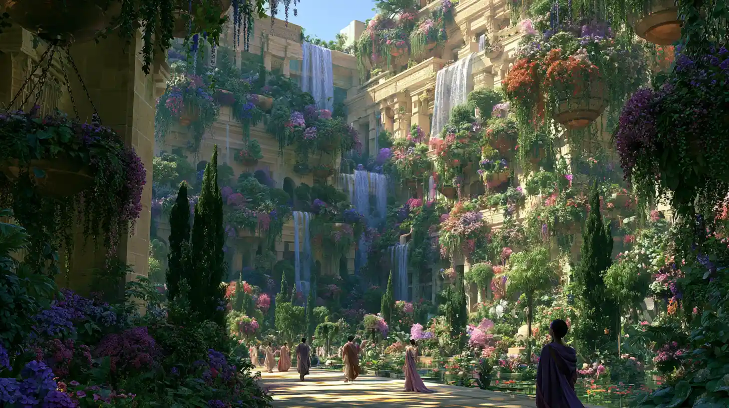 Lush Hanging Gardens Of Babylon With Cascading Waterfalls