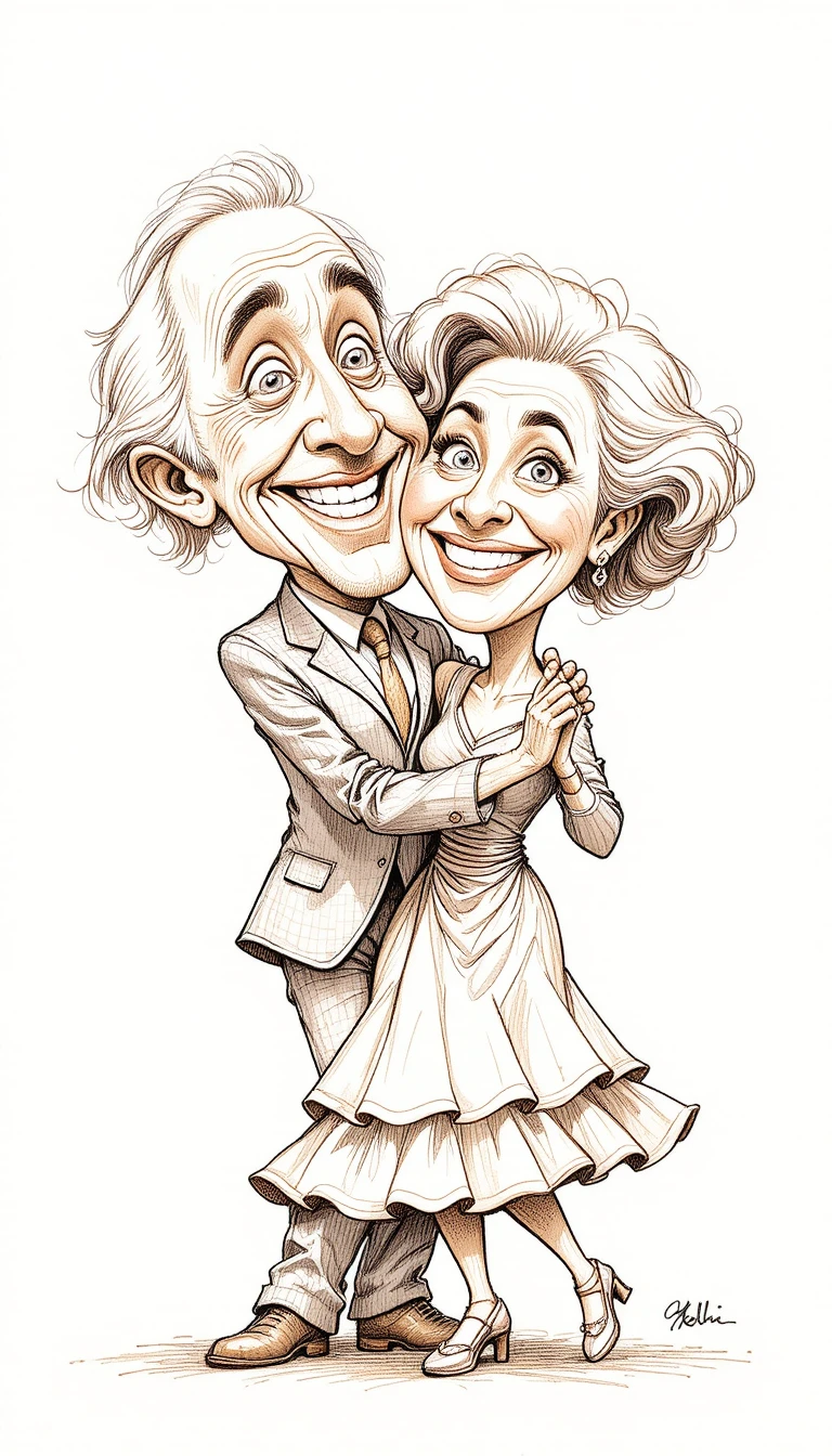 Pareja de ancianos bailando en un dibujo de caricatura fantasiosa
