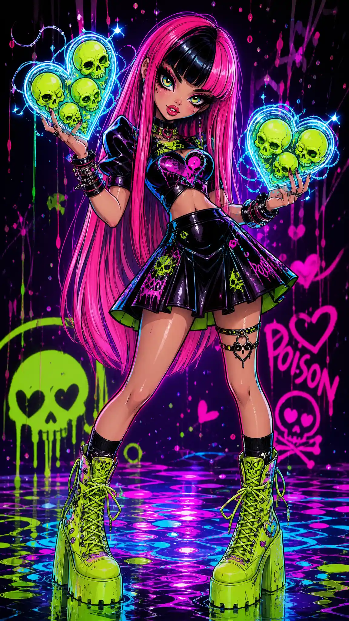 Anime-Gothic-Girl mit elektrischen Glasherzen in der Hand
