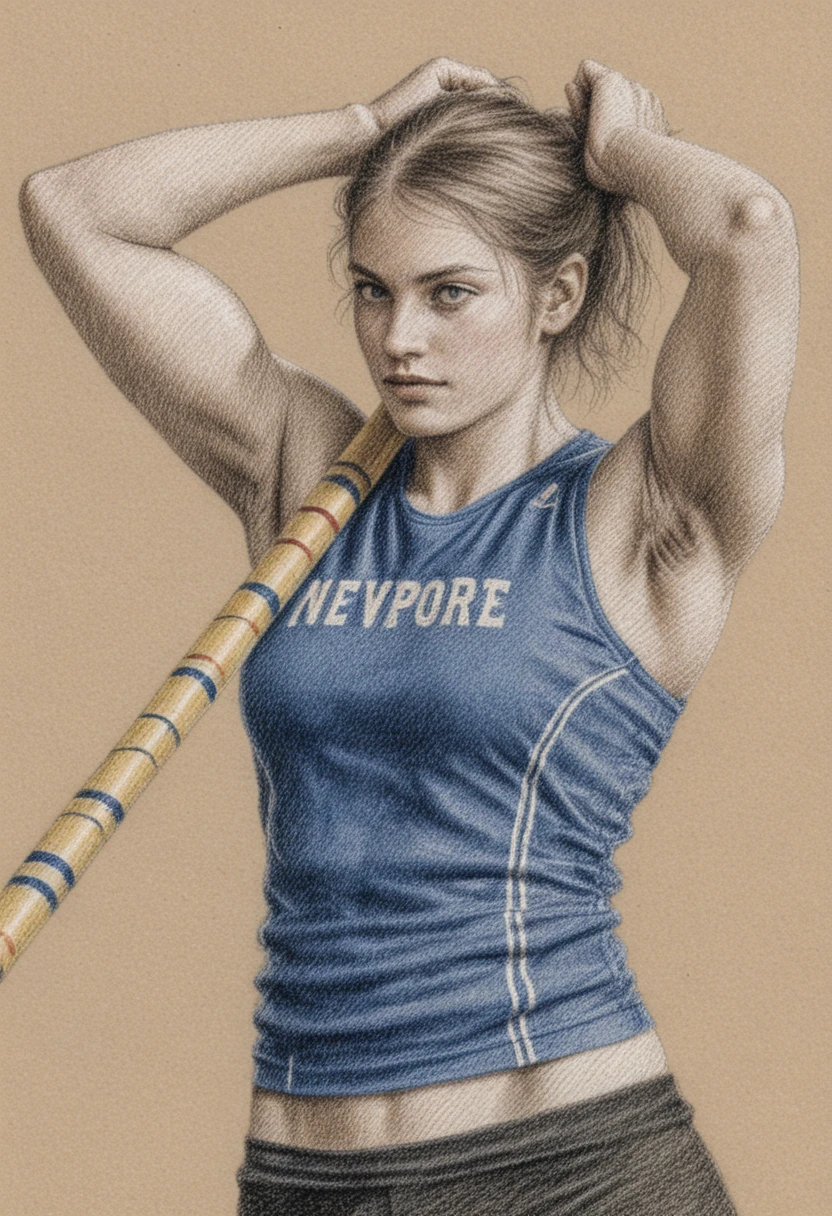 Athletic woman adjusting ponytail with vaulting pole drawing