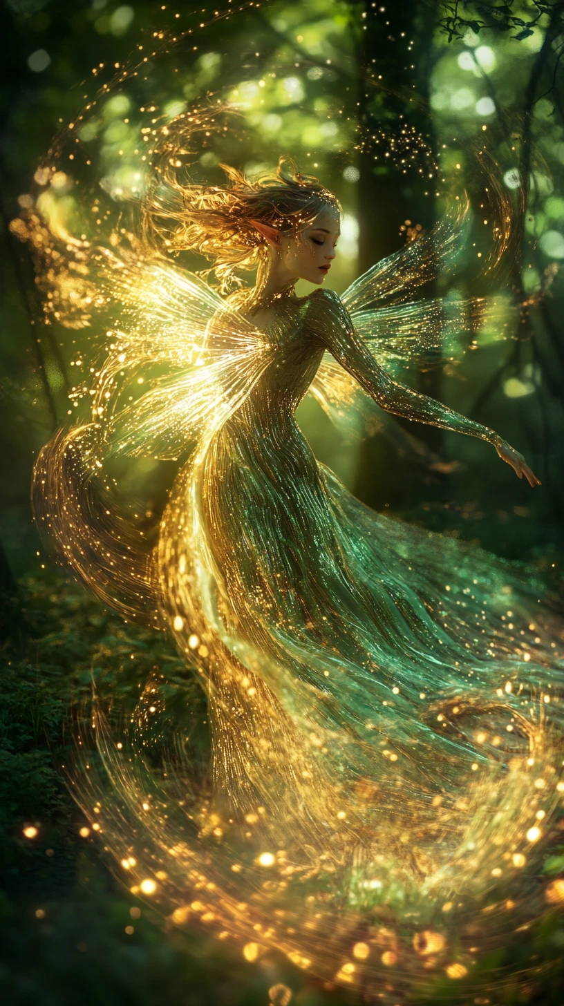 Elfa celestial bailando en un bosque encantado resplandeciente