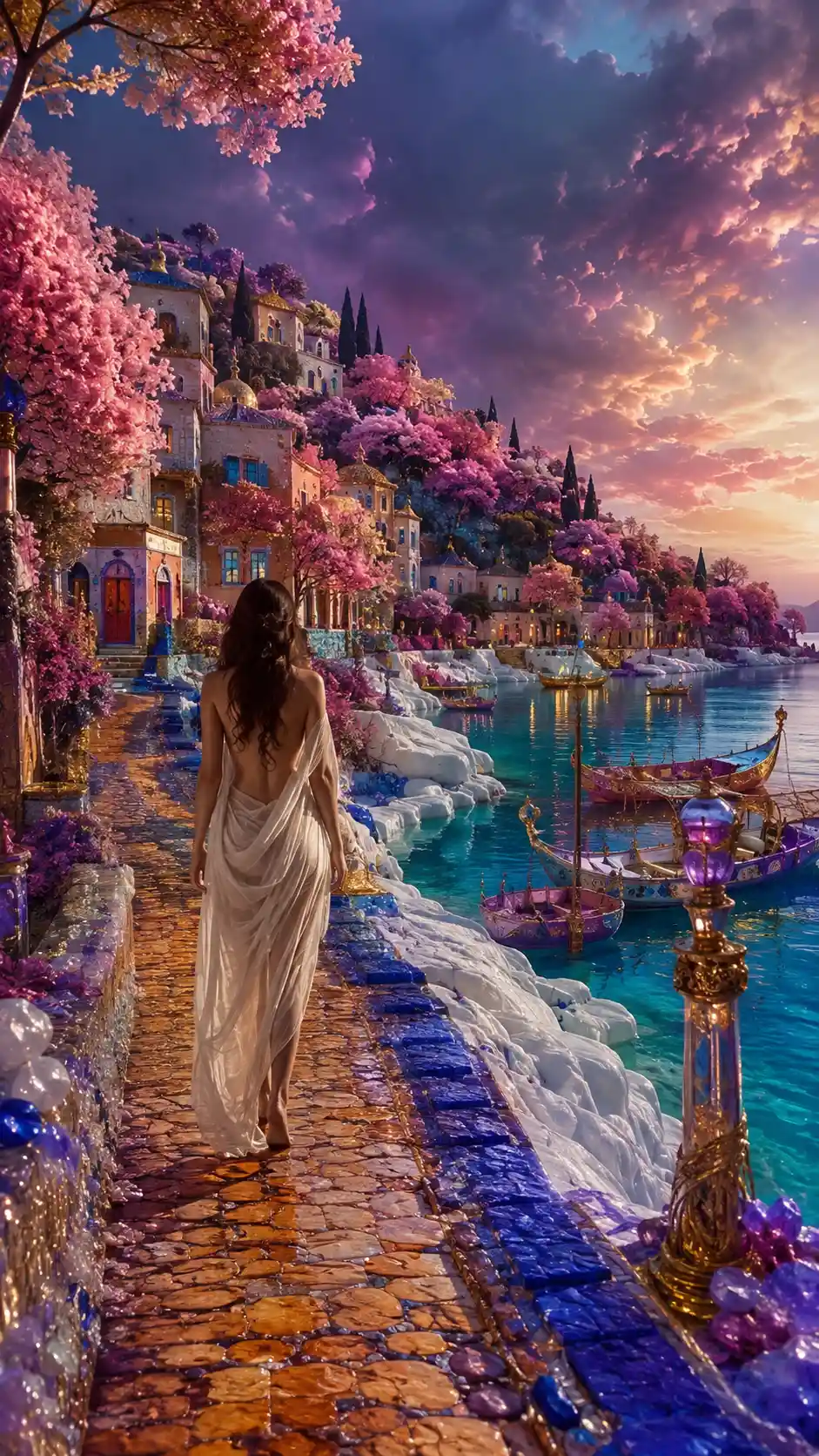 Pueblo mediterráneo surrealista con mujer en bosque rosa de ensueño
