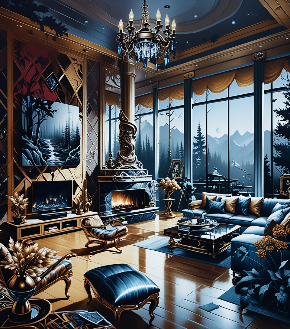Line art gallery of forest fire paintings in dark interior