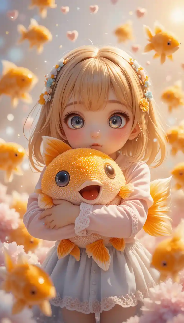 Cute anime girl hugging a large golden goldfish plush