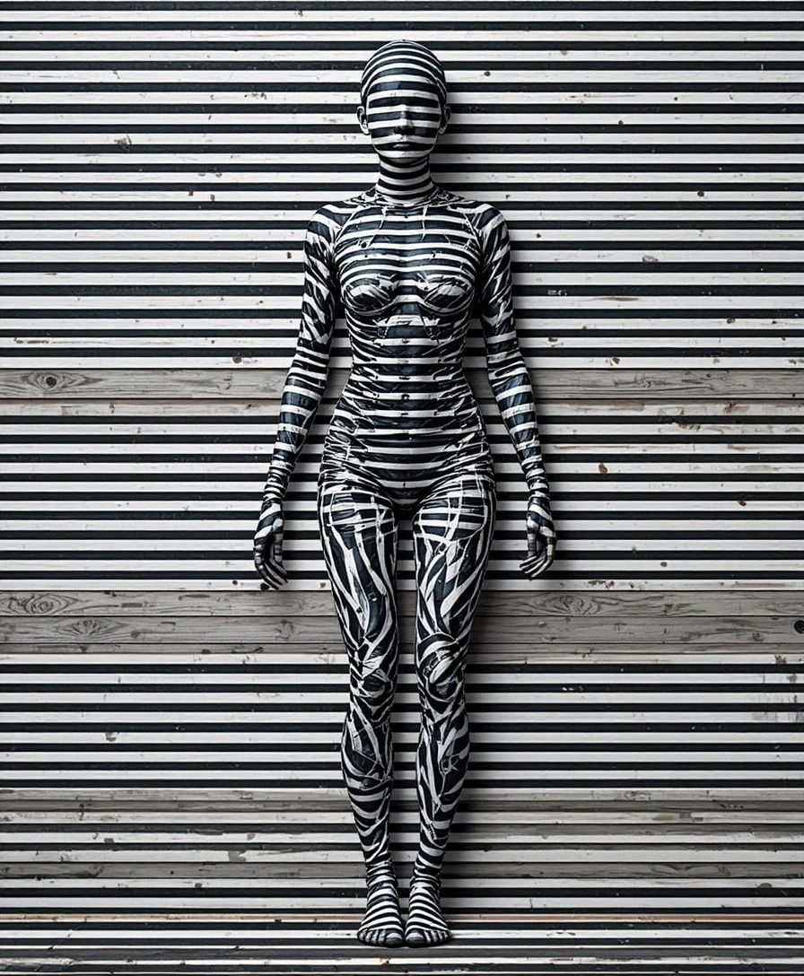 Figura femenina a rayas disolviéndose en líneas abstractas en blanco y negro