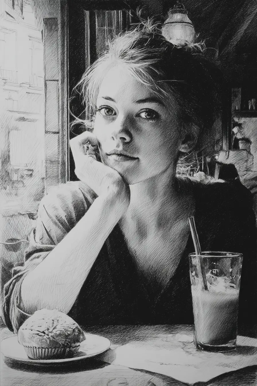 Young woman sketch at a cafe table with coffee