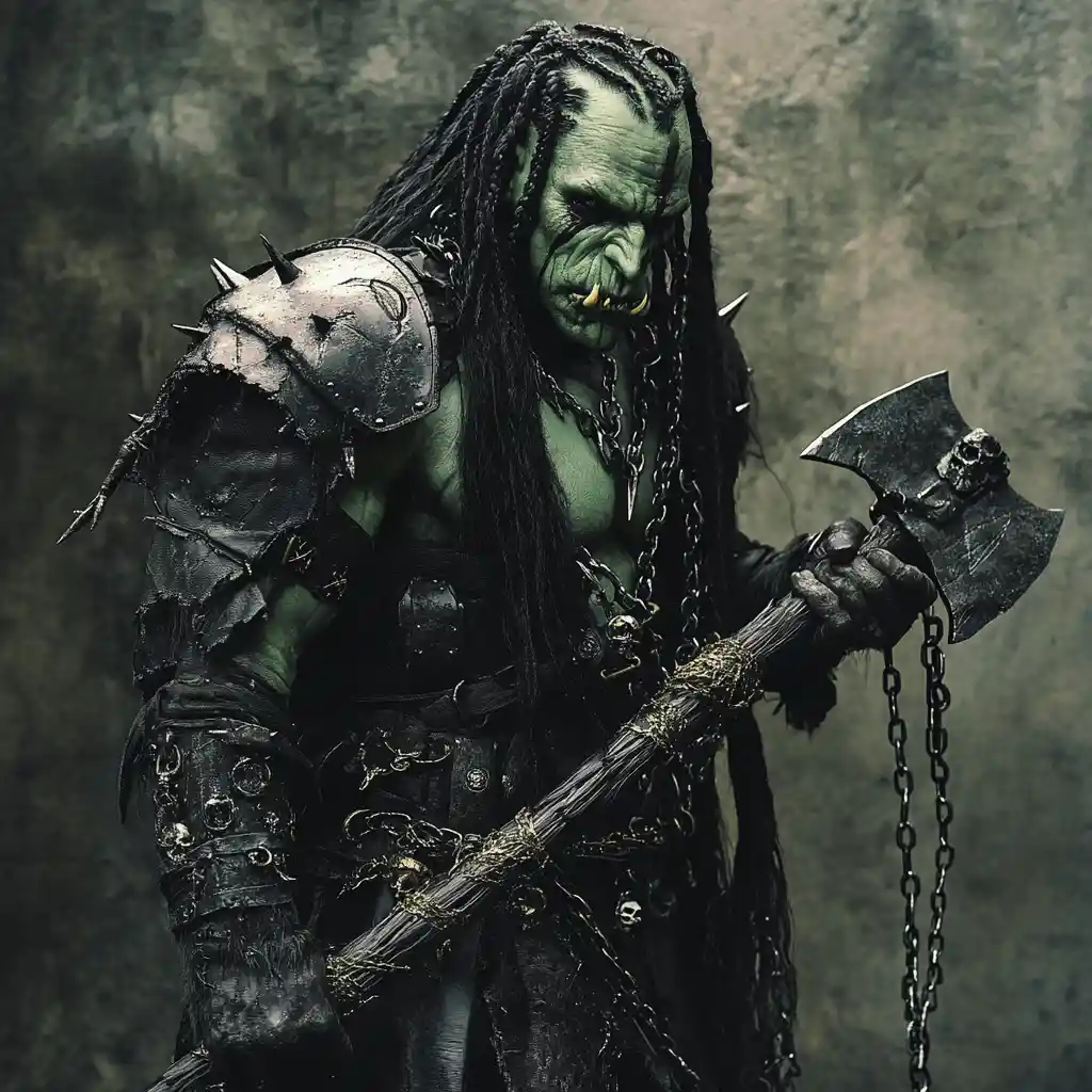 Grim Orc Warrior In Black Leather Coat With Battle Axe