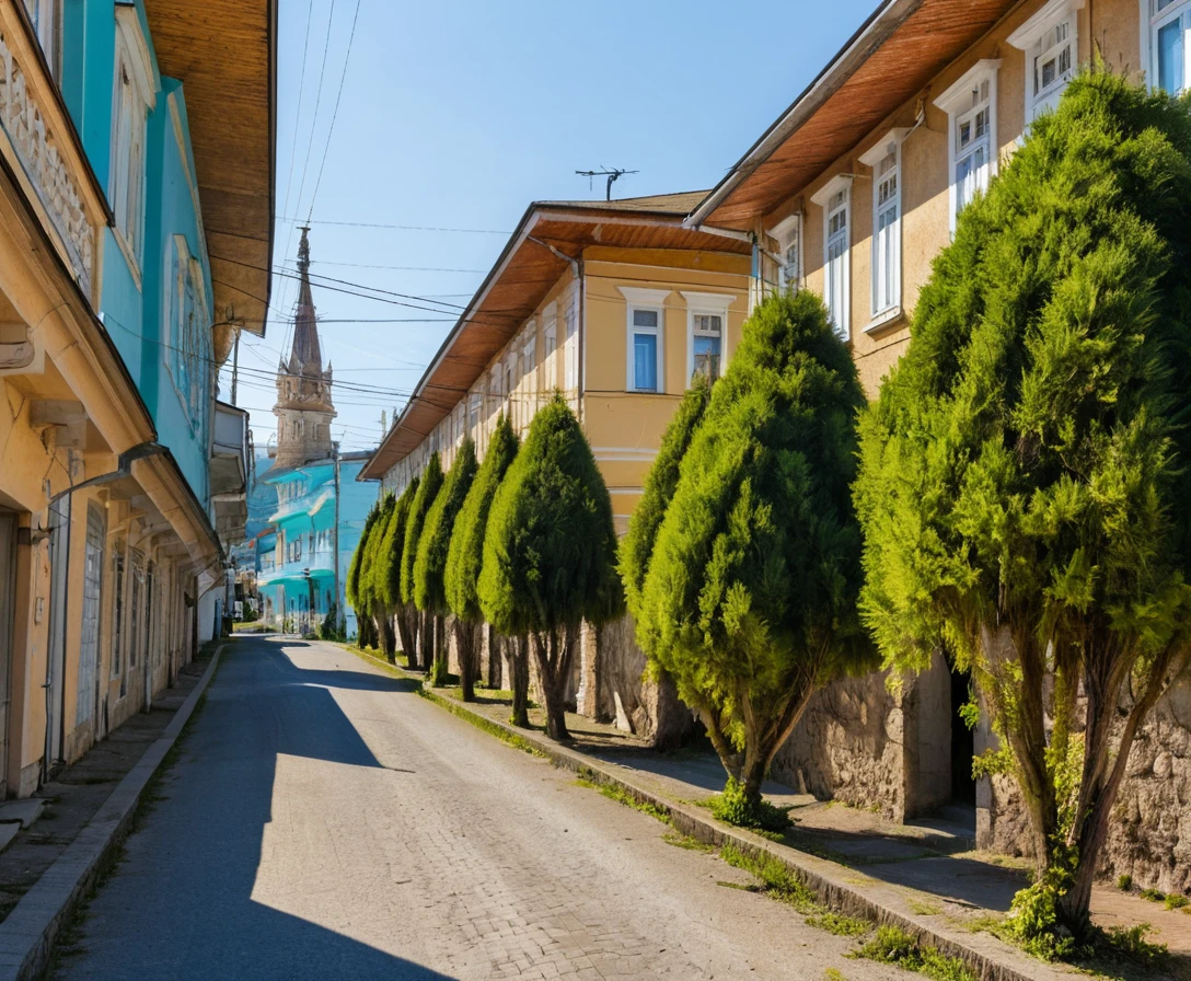 Tranquila calle Adler con cipreses y pequeñas casas