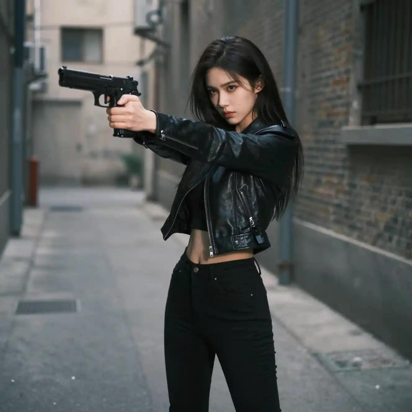 Asesina apuntando una pistola en un oscuro callejón urbano