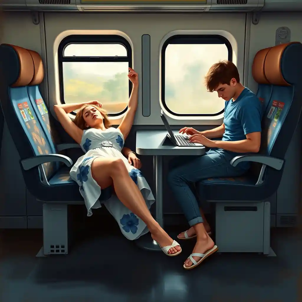 Mujer de mediana edad descansando en un tren en estilo de pintura al óleo