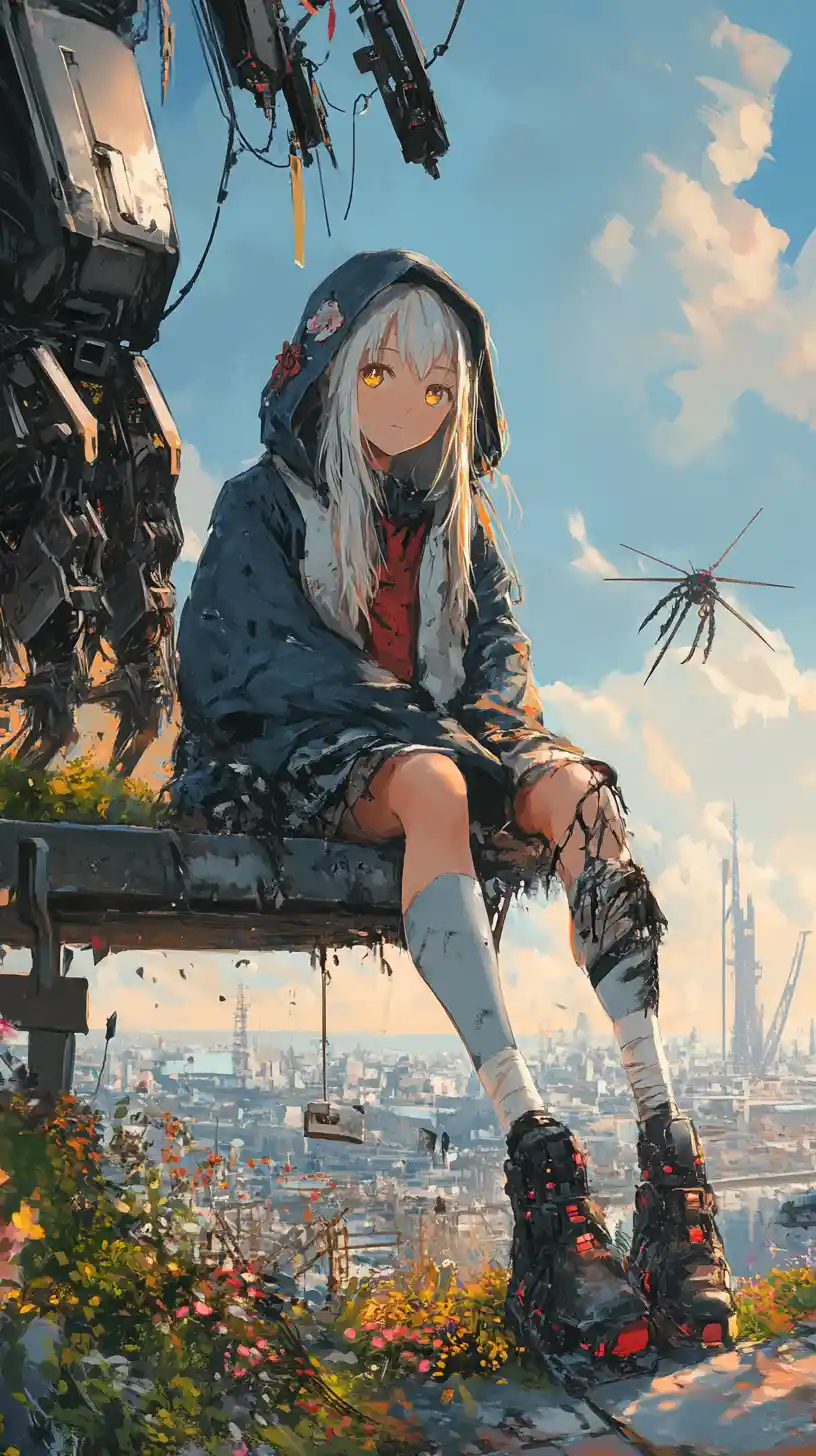 Anime girl on a bench in a ruined apocalyptic city