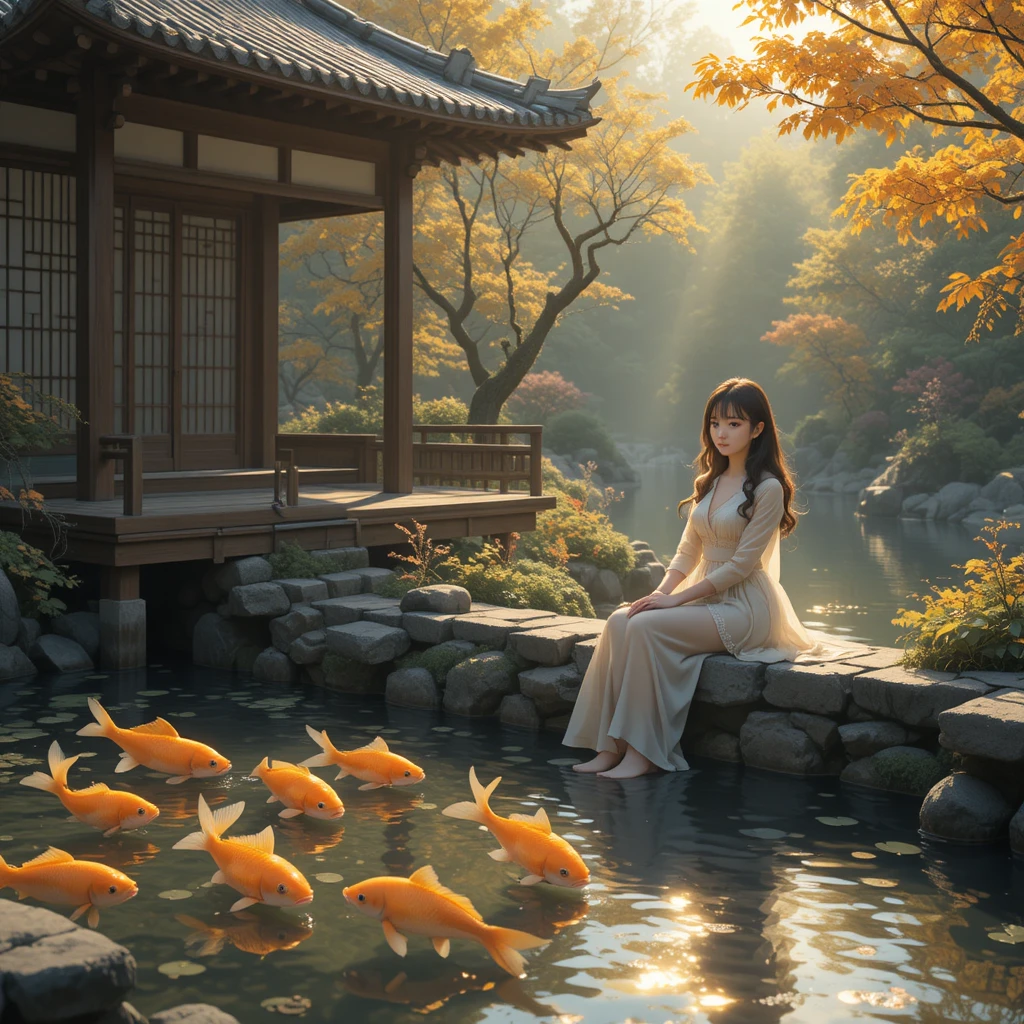 Chica de anime junto a un estanque japonés tranquilo con peces dorados