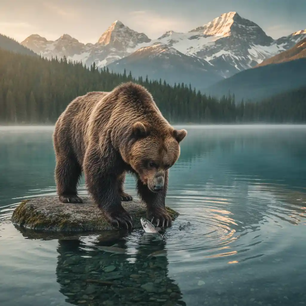 Oso pardo pescando en la orilla de un lago tranquilo y cristalino