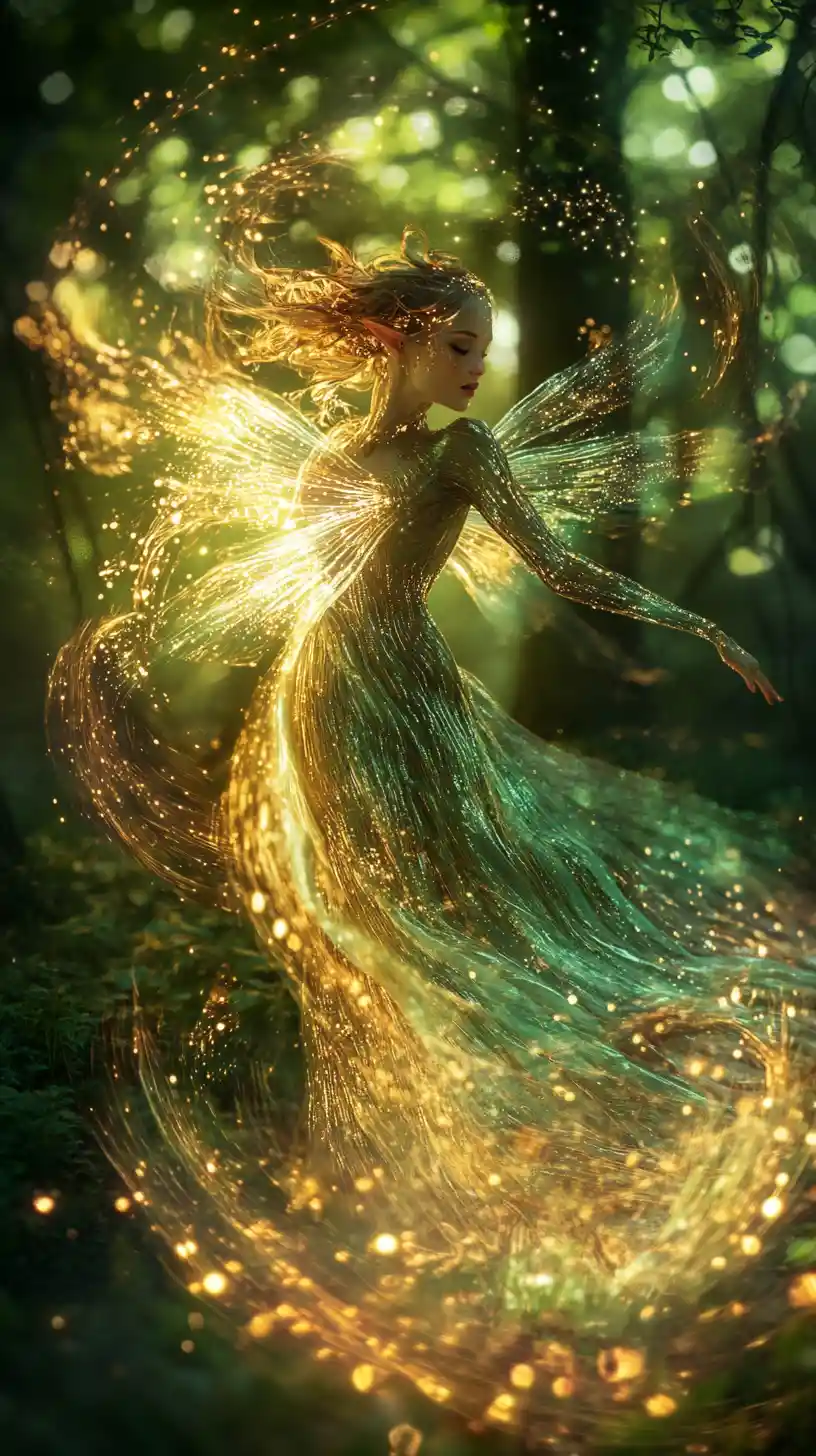 Celestial elf dancing in a glowing enchanted forest