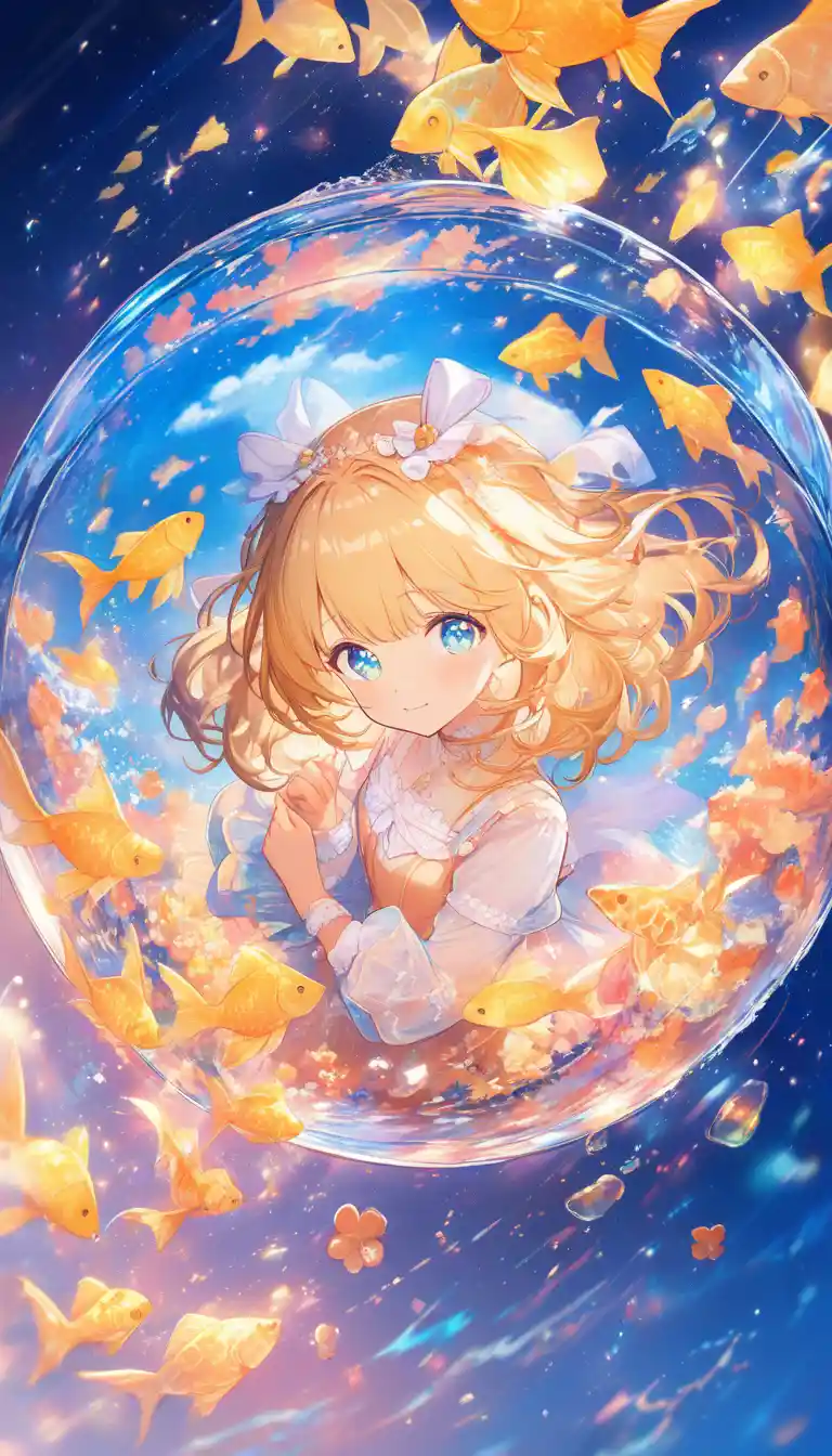 Cute anime girl watching glowing goldfish aquarium