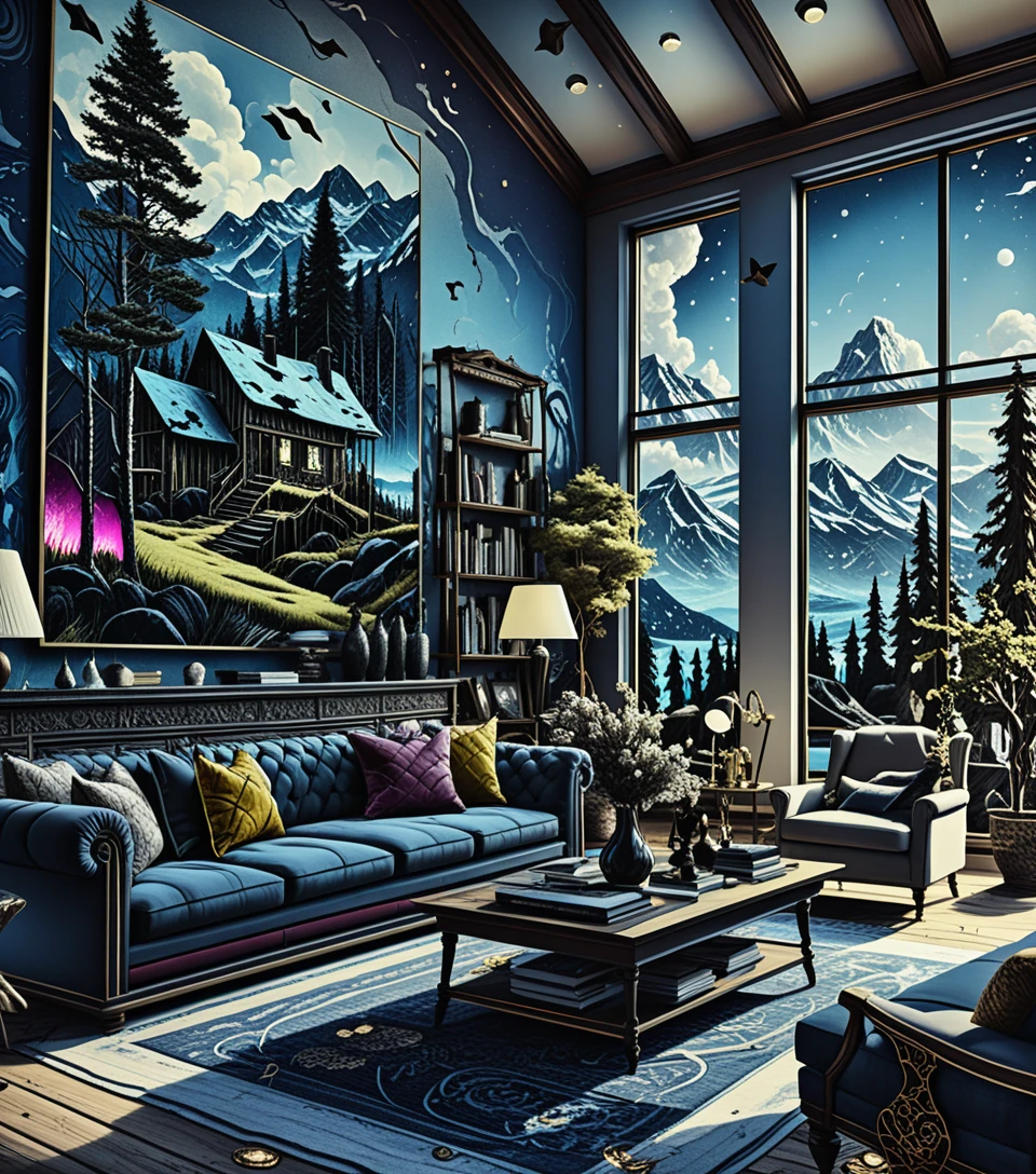 Line art gallery interior with dramatic forest fire painting