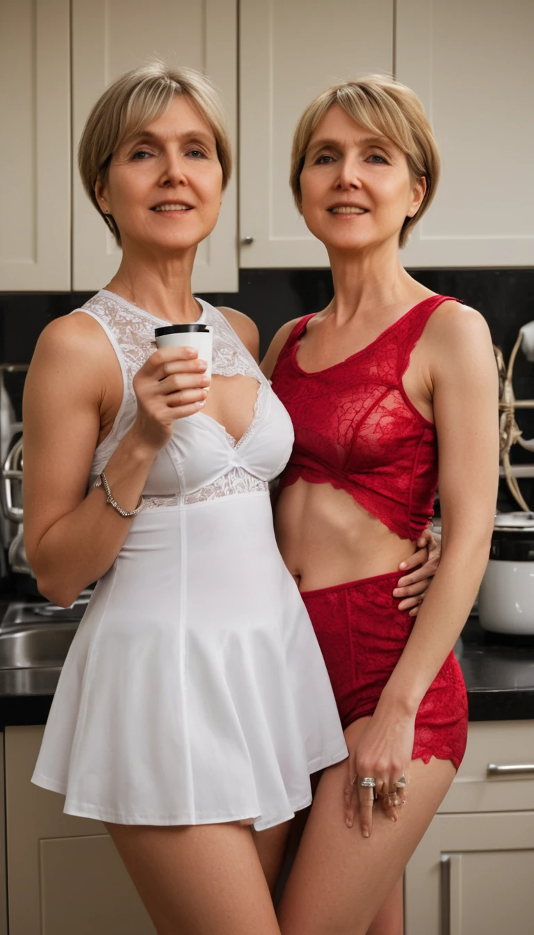 Dos mujeres compartiendo un beso en la cocina de un hotel de lujo