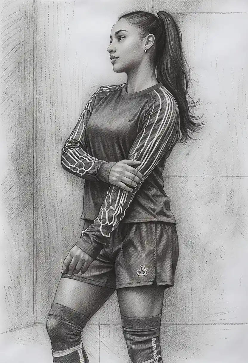 Graphite portrait of female footballer in profile with crossed arms