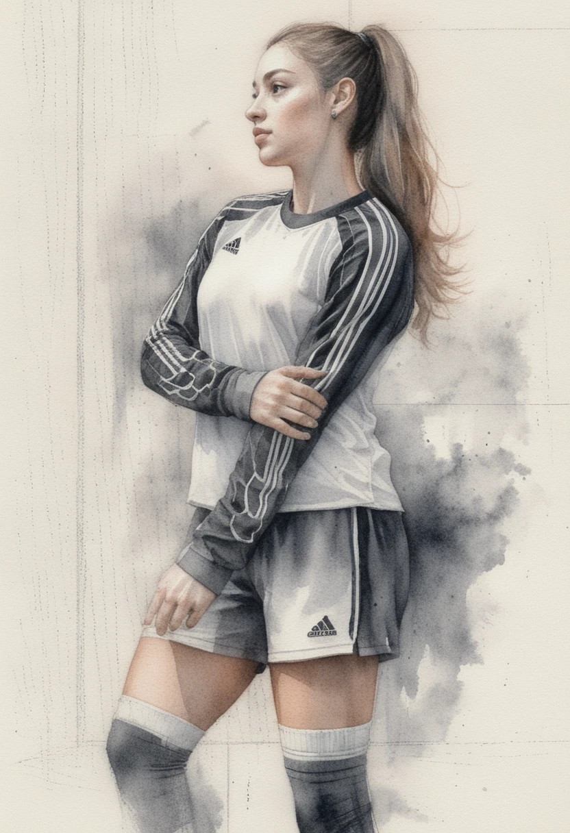Young female footballer in profile graphite pencil portrait