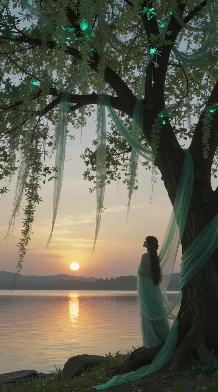 Mujer en silueta junto a un árbol a orillas del lago al atardecer