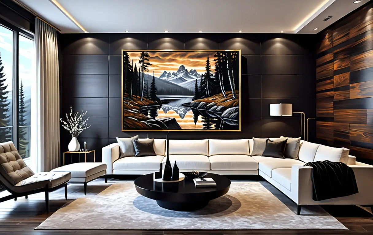 Dark fantasy art gallery room with wall of paintings