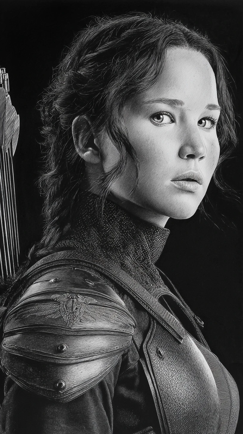Graphite portrait of a determined female archer in armor