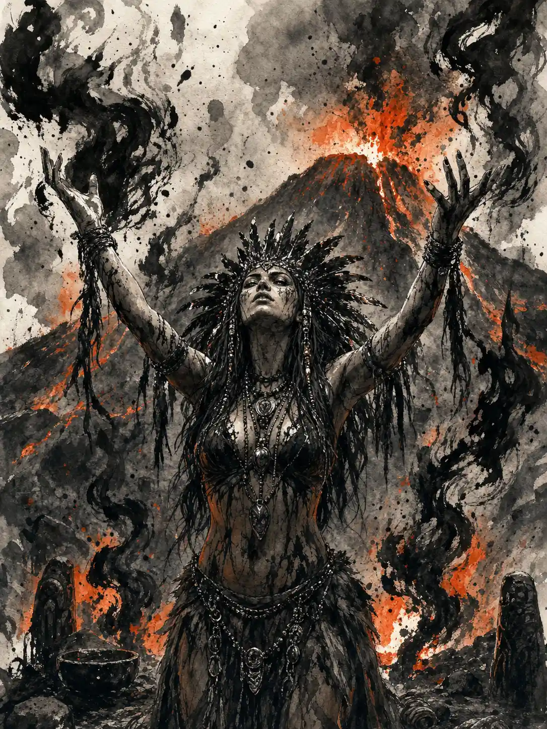 Sacerdotisa prehistórica lanzando magia oscura junto a un volcán de lava